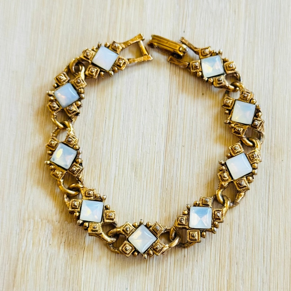 LJM Signed Victorian Revival Bracelet VtG Moonstone Glass Ornate Motif Gold Tone